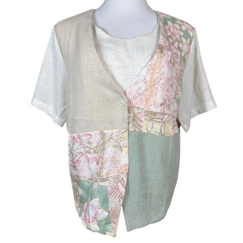 Season Ticket Vintage 90s Floral Patchwork‎ Faux Vest Blouse Top Pastel L USA